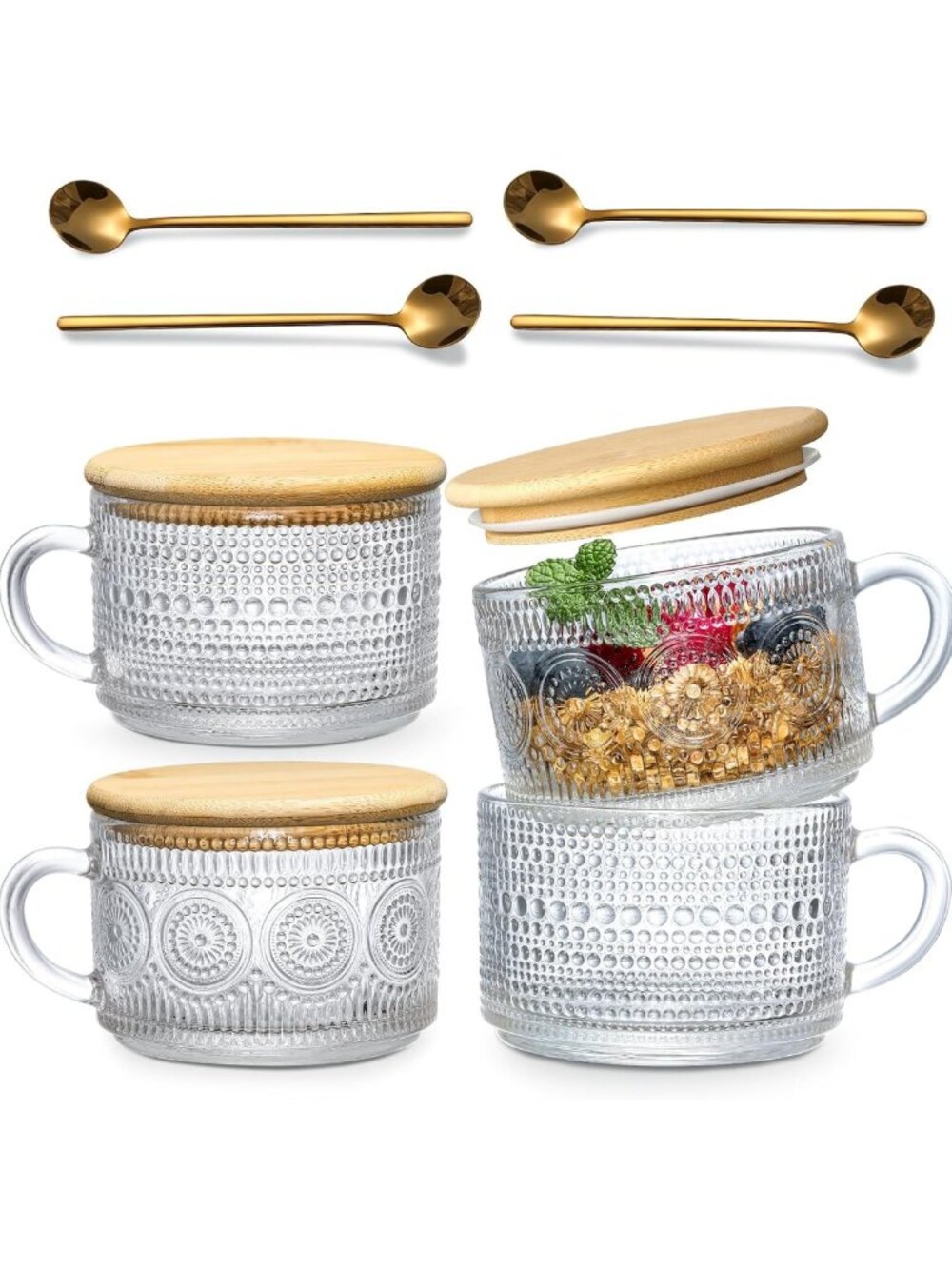 Vintage Coffee Mugs Set - 4pcs Clear Glass Cups with Bamboo Lids & Spoons, Cute